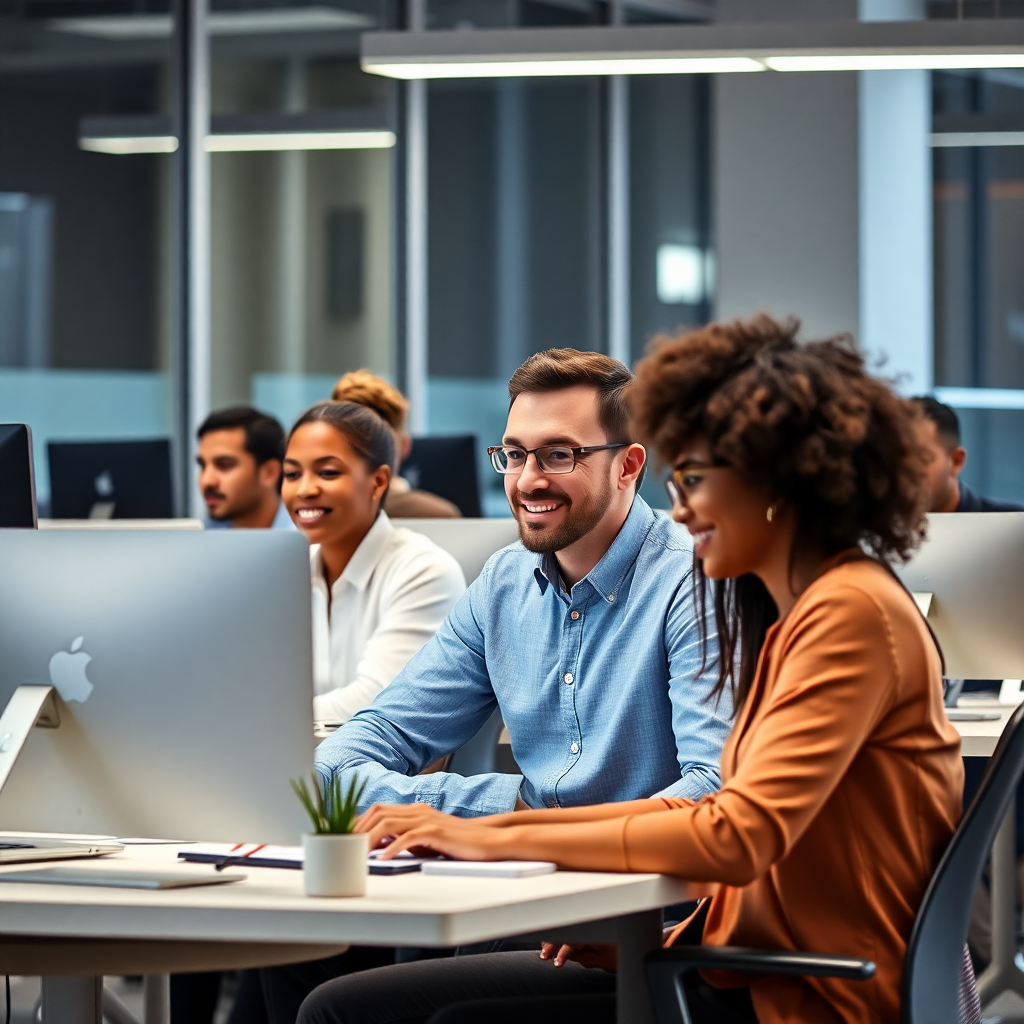 modern office with diverse tech professionals working on computers, professional photography style